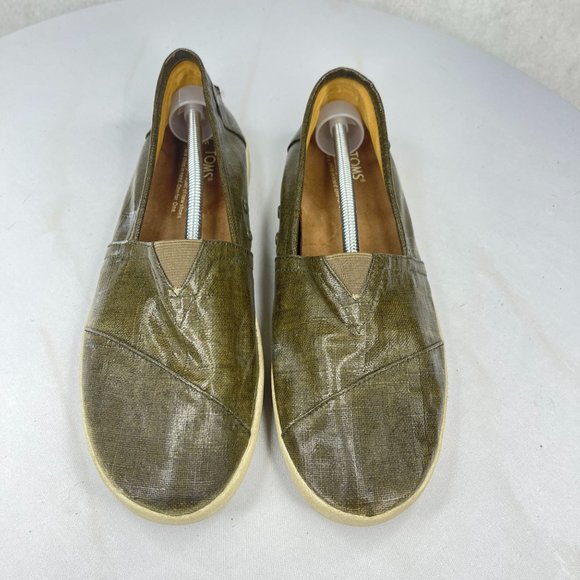 TOMS Womens 9 Avalon Olive Green Waxed Canvas Patent Linen Slip On Loafers - Picture 2 of 9